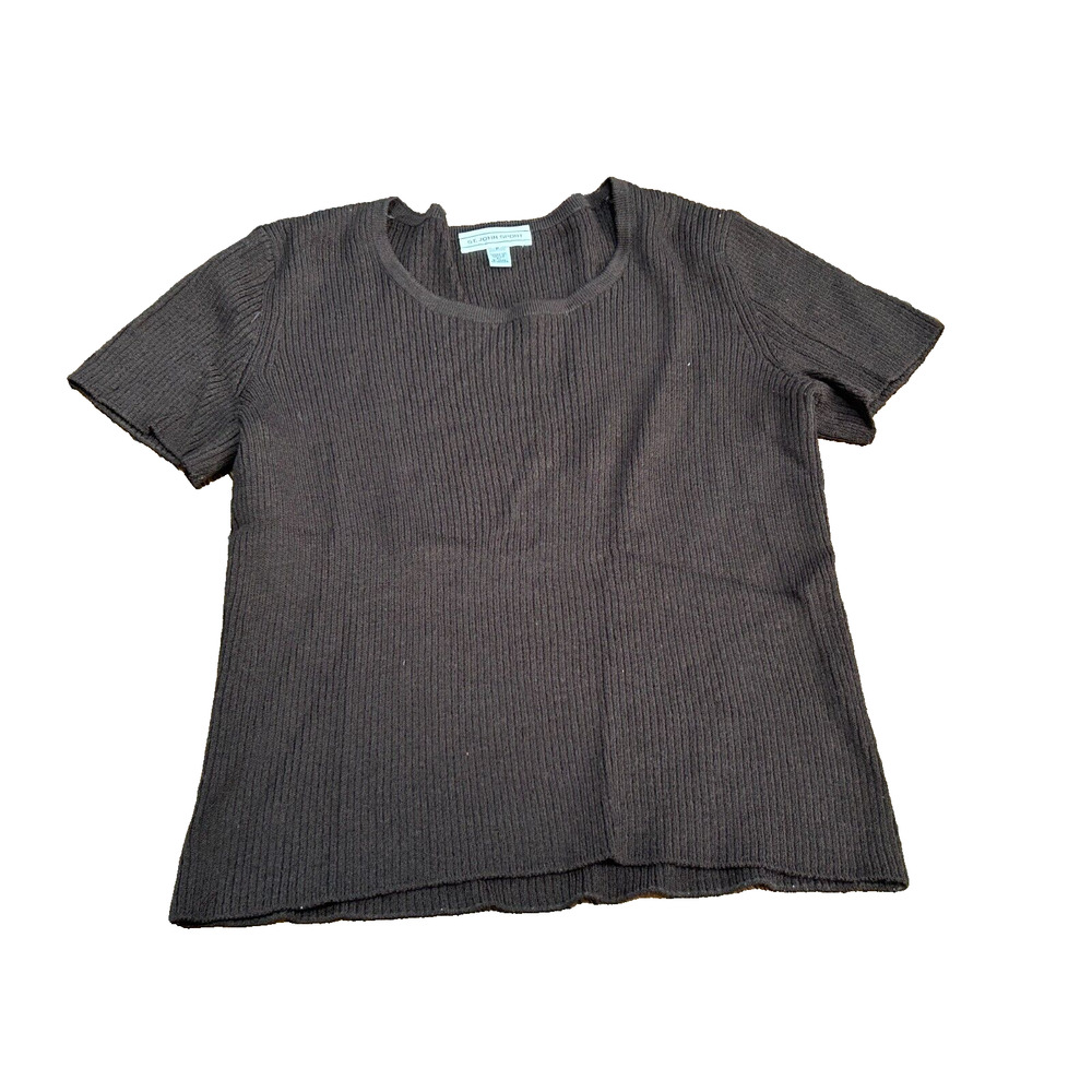 ST. JOHN SPORT Womens Brown Ribbed Wool Scoop Neck Short Sleeve Sweater Size P